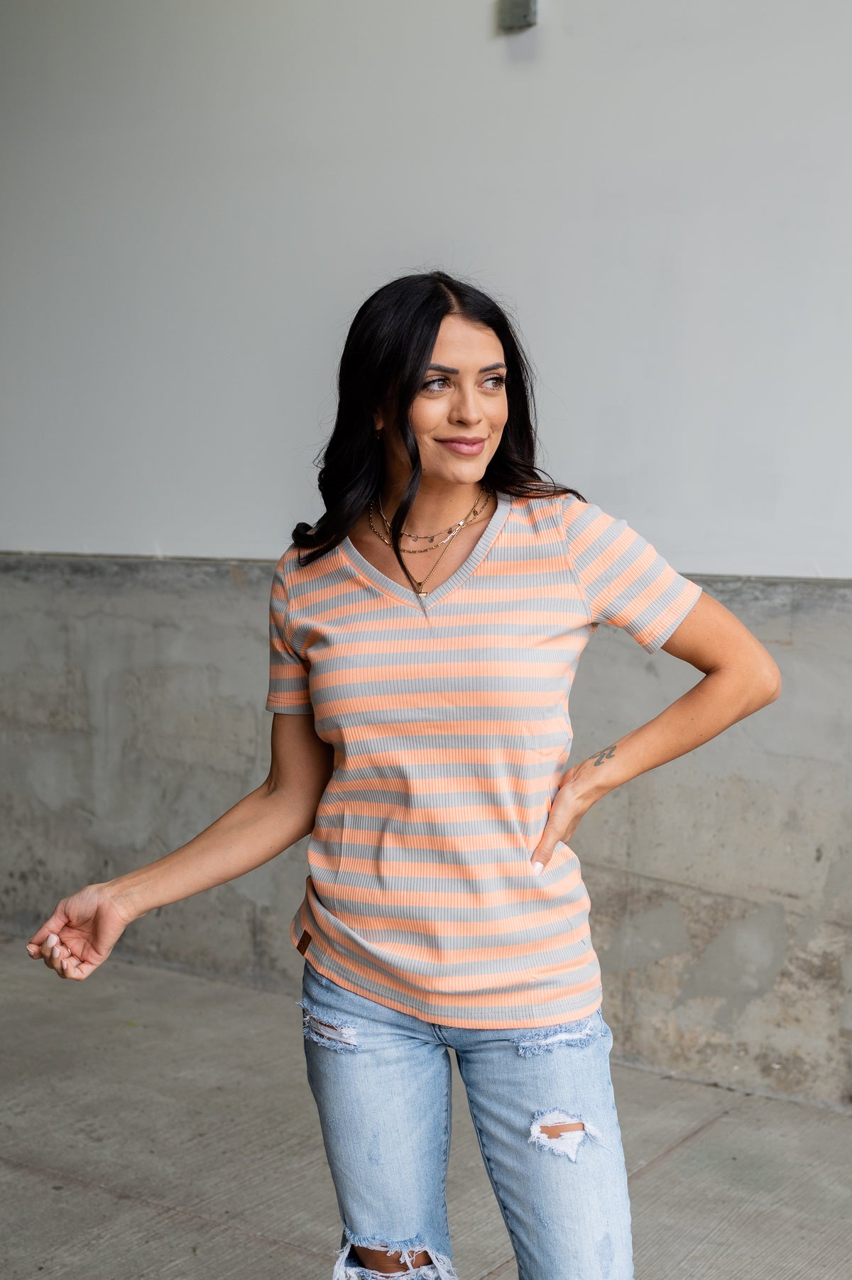 Ribbed Lulu V Neck - Peach Stripe