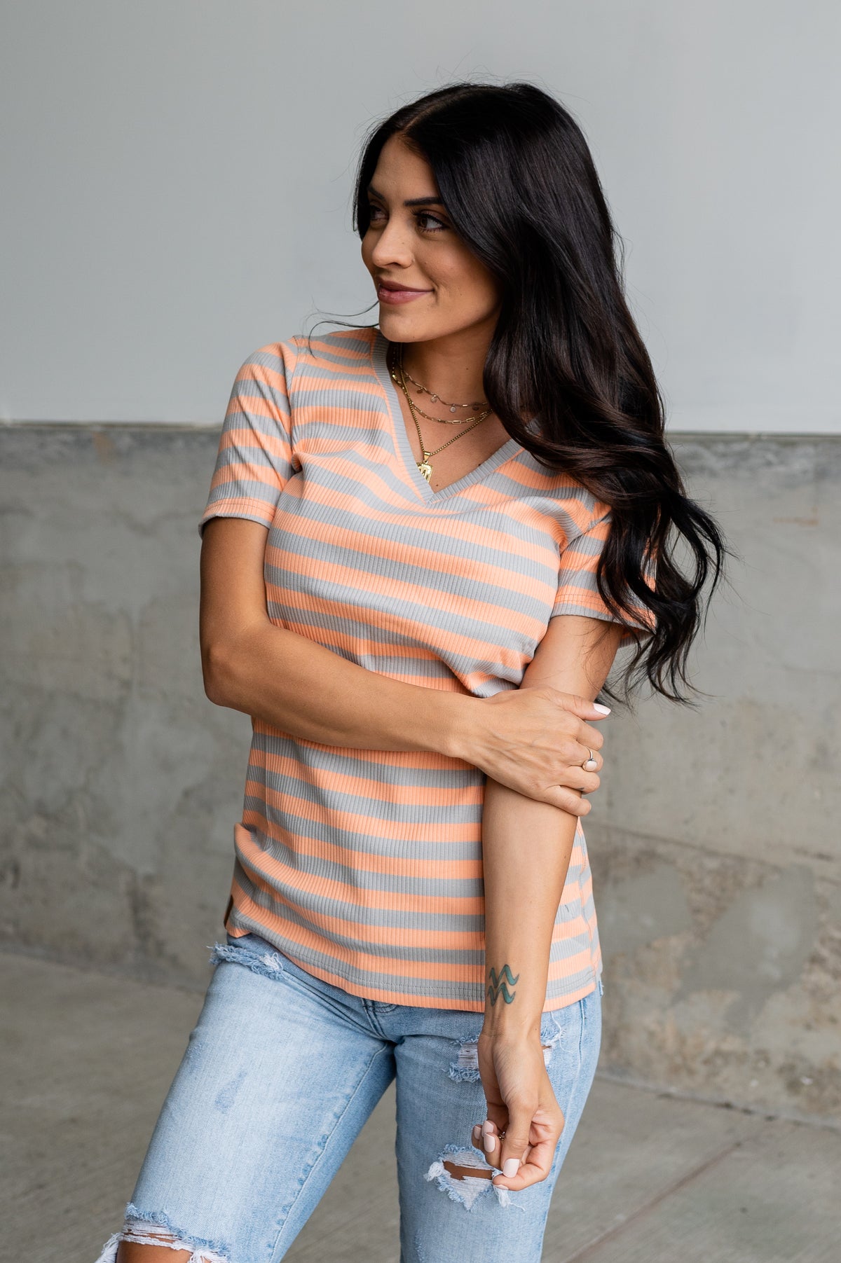 Ribbed Lulu V Neck - Peach Stripe