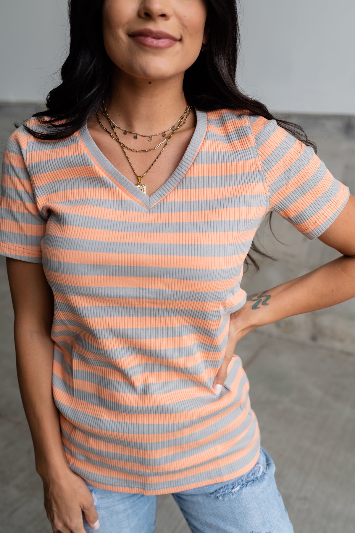 Ribbed Lulu V Neck - Peach Stripe