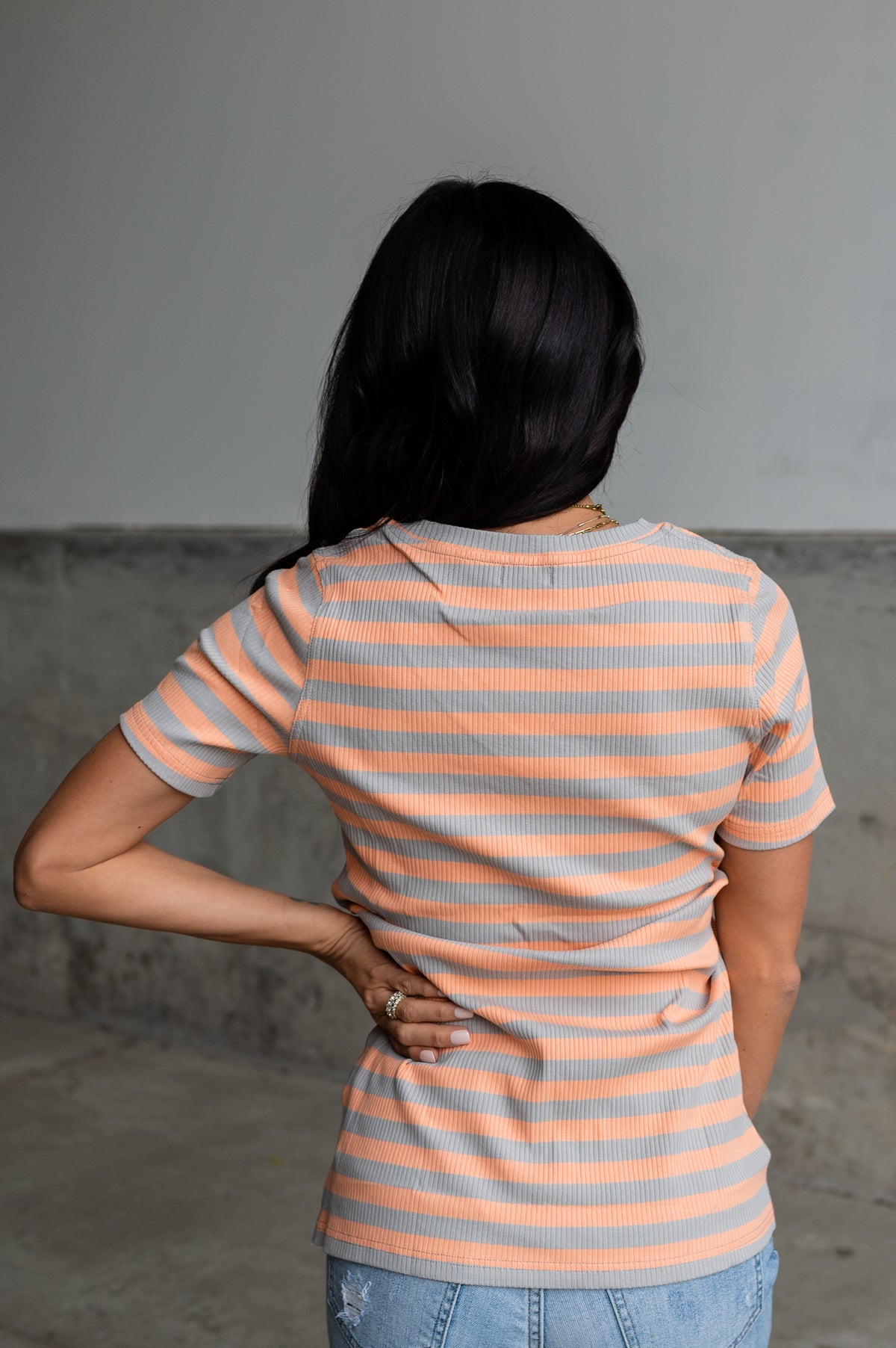 Ribbed Lulu V Neck - Peach Stripe