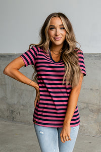 Ribbed Lulu V Neck -  Pink Stripe