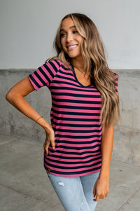 Ribbed Lulu V Neck -  Pink Stripe