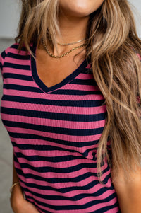 Ribbed Lulu V Neck -  Pink Stripe
