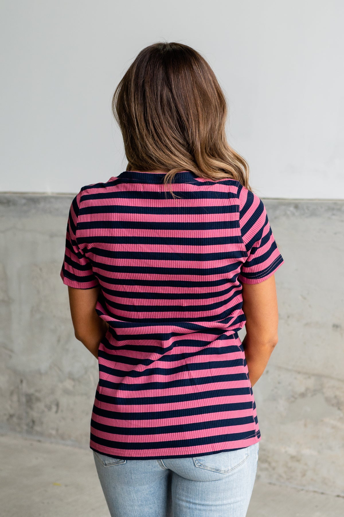 Ribbed Lulu V Neck -  Pink Stripe