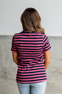Ribbed Lulu V Neck -  Pink Stripe