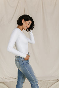 Bodysuit - Long Sleeve V Neck - White