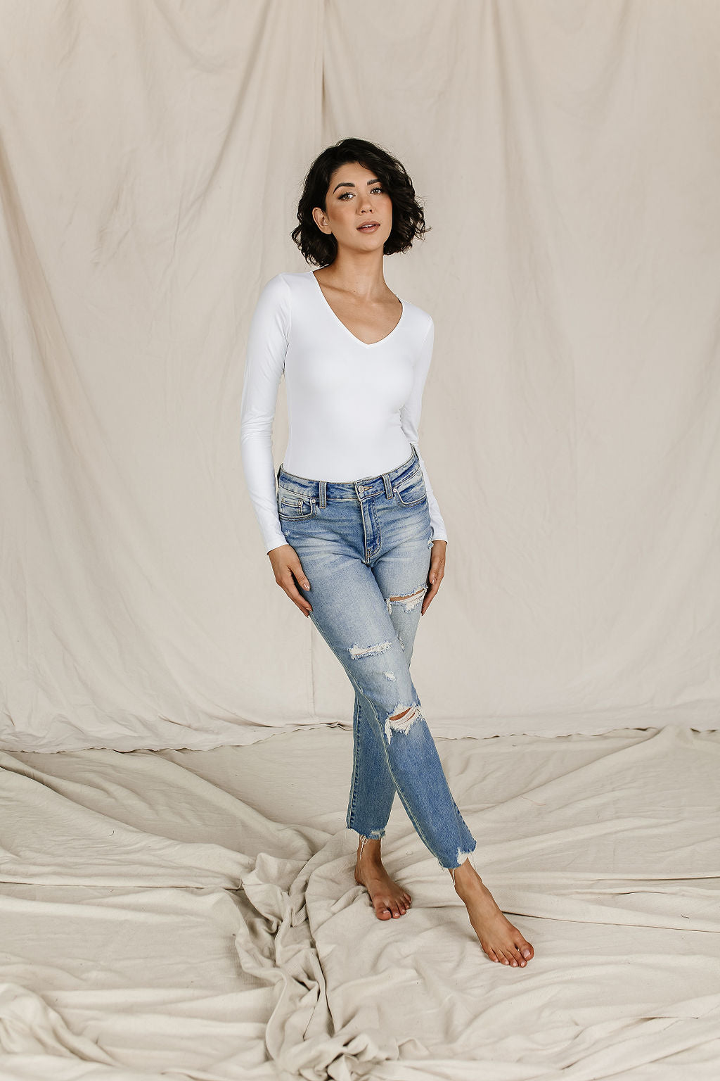 Bodysuit - Long Sleeve V Neck - White