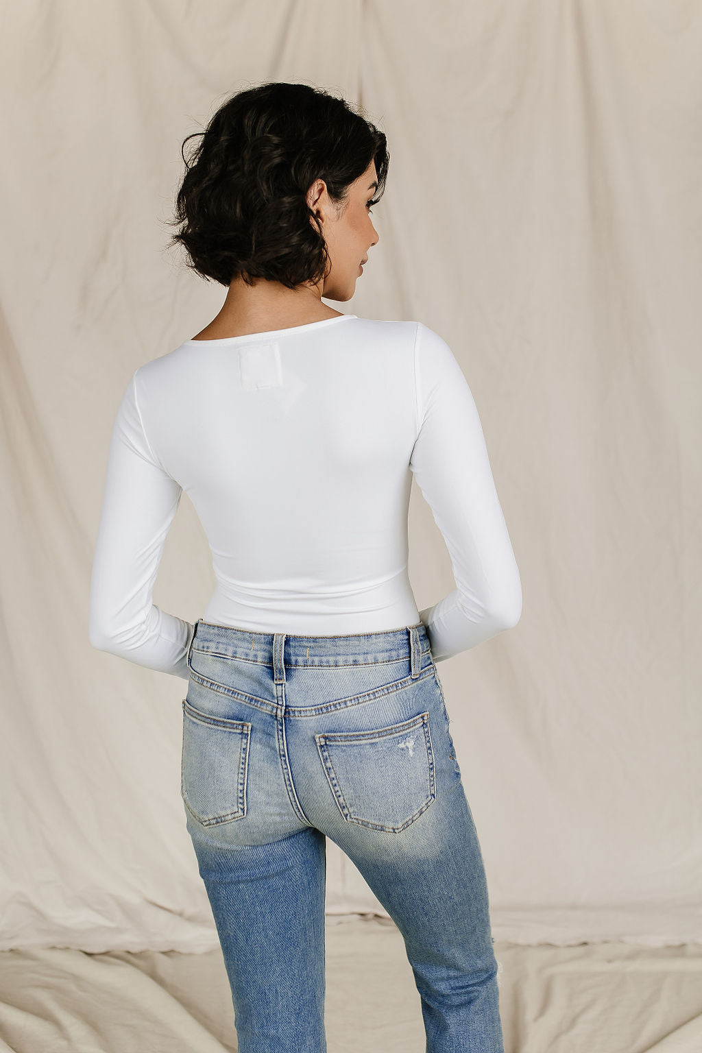 Bodysuit - Long Sleeve V Neck - White