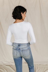 Bodysuit - Long Sleeve V Neck - White