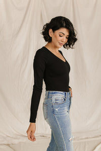 Bodysuit - Long Sleeve V Neck - Black