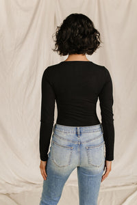 Bodysuit - Long Sleeve V Neck - Black