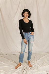 Bodysuit - Long Sleeve V Neck - Black