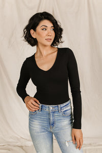 Bodysuit - Long Sleeve V Neck - Black