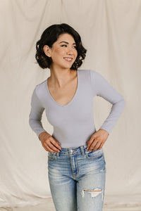 Bodysuit - Long Sleeve V Neck - Light Grey
