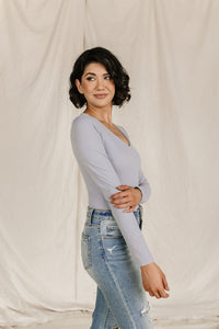 Bodysuit - Long Sleeve V Neck - Light Grey