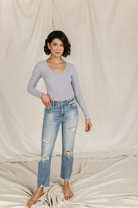 Bodysuit - Long Sleeve V Neck - Light Grey