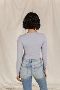 Bodysuit - Long Sleeve V Neck - Light Grey