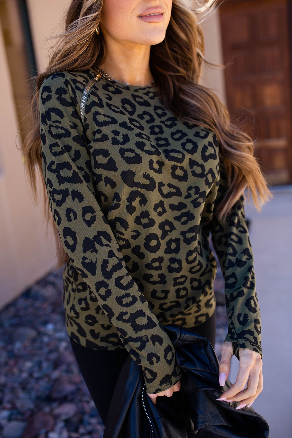 Pullover Sweatshirt - Olive Leopard SideZip