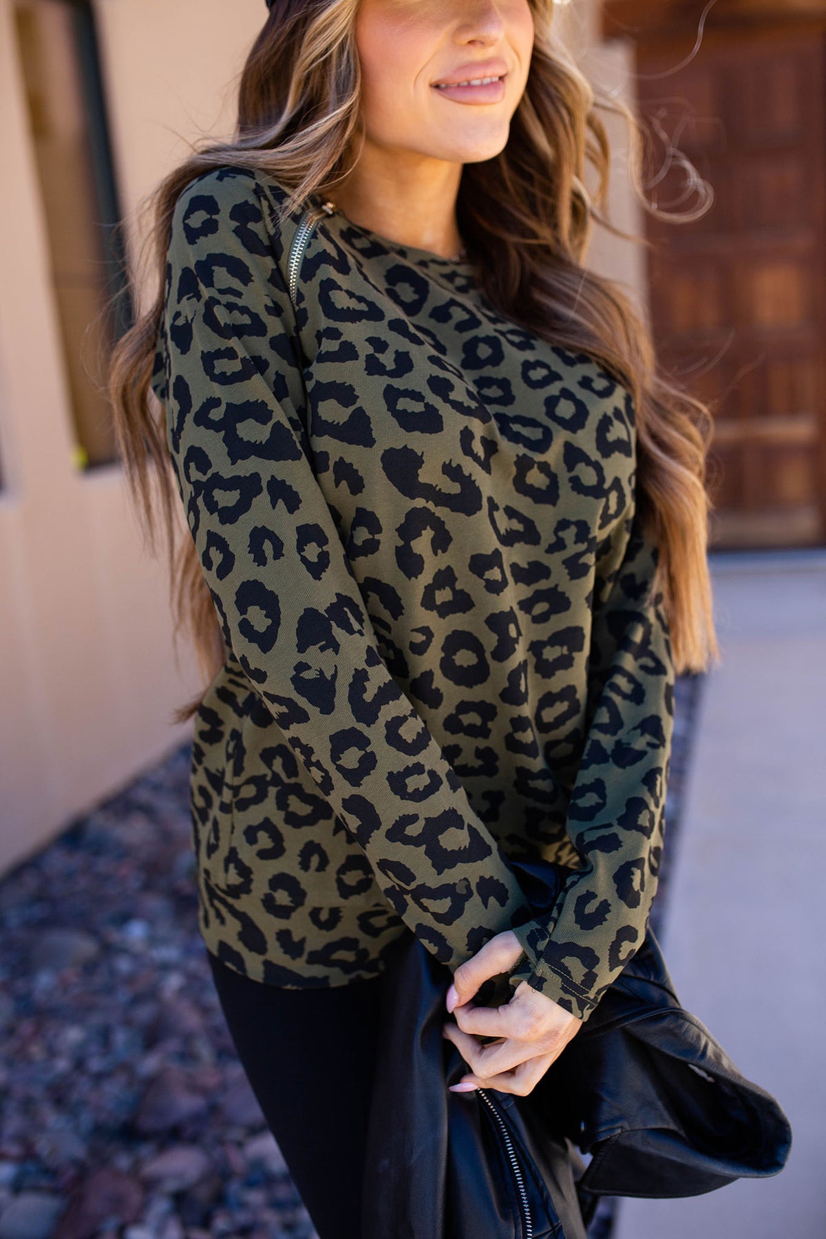 Pullover Sweatshirt - Olive Leopard SideZip