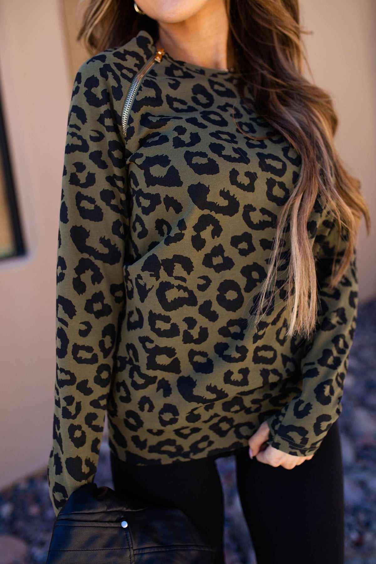 Pullover Sweatshirt - Olive Leopard SideZip