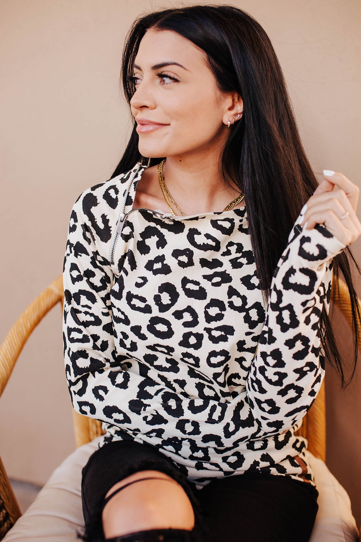 Pullover Sweatshirt - Cream Leopard SideZip