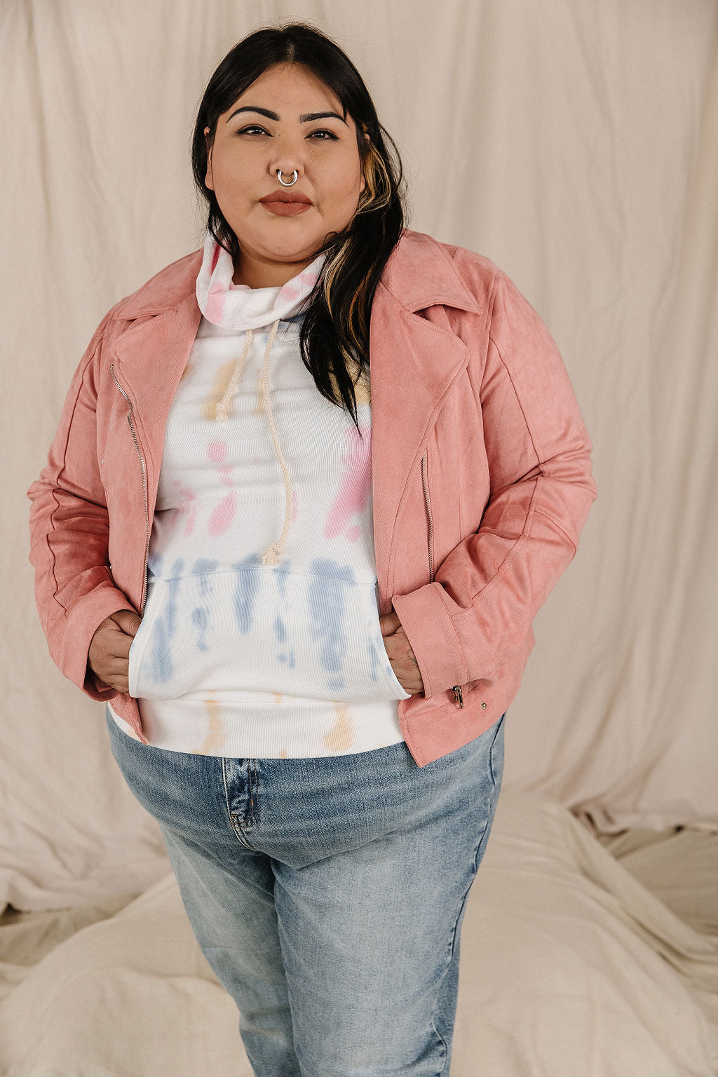 Ampersand Avenue Vegan Suede Leather Moto Jacket- Pink