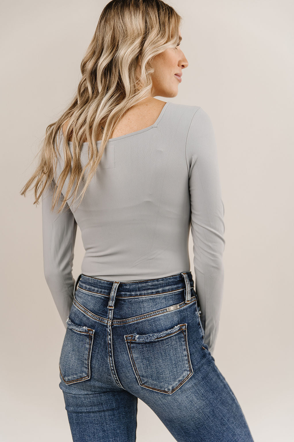 Bodysuit- Long Sleeve Square Neck- Light Grey