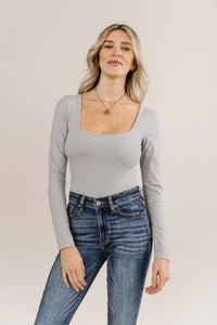 Bodysuit- Long Sleeve Square Neck- Light Grey