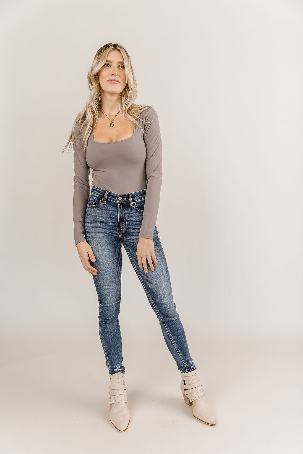 Bodysuit- Long Sleeve Square Neck- Charcoal