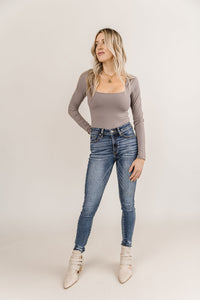 Bodysuit- Long Sleeve Square Neck- Charcoal