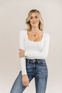 Bodysuit- Long Sleeve Square Neck- White