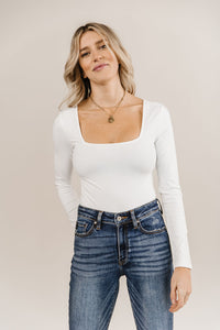 Bodysuit- Long Sleeve Square Neck- White