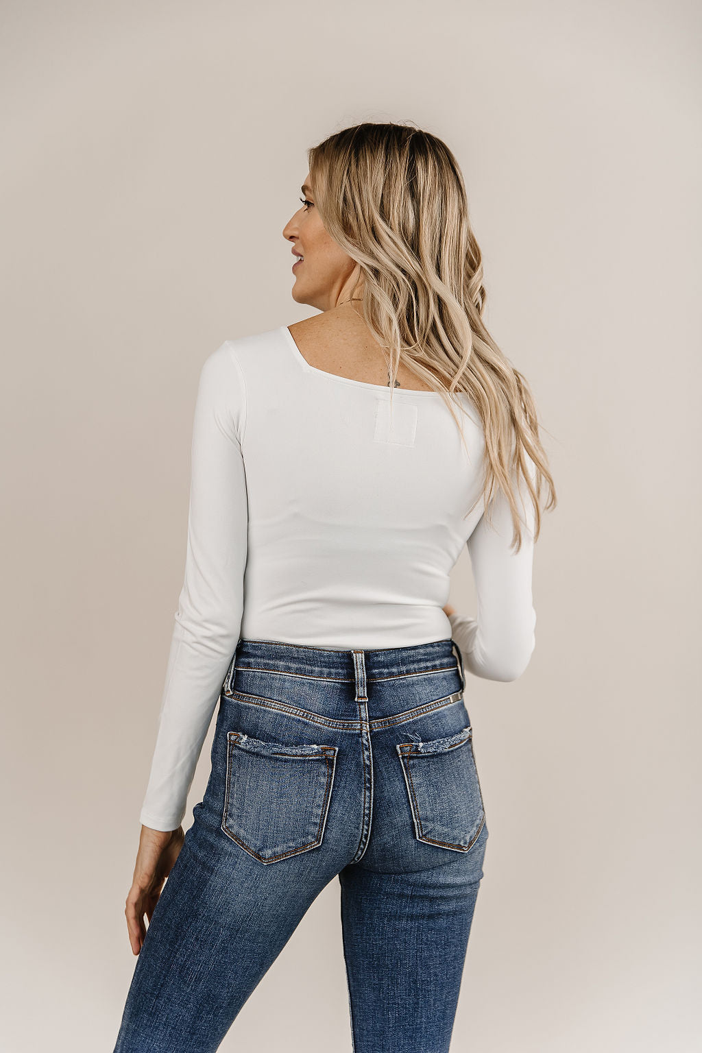 Bodysuit- Long Sleeve Square Neck- White