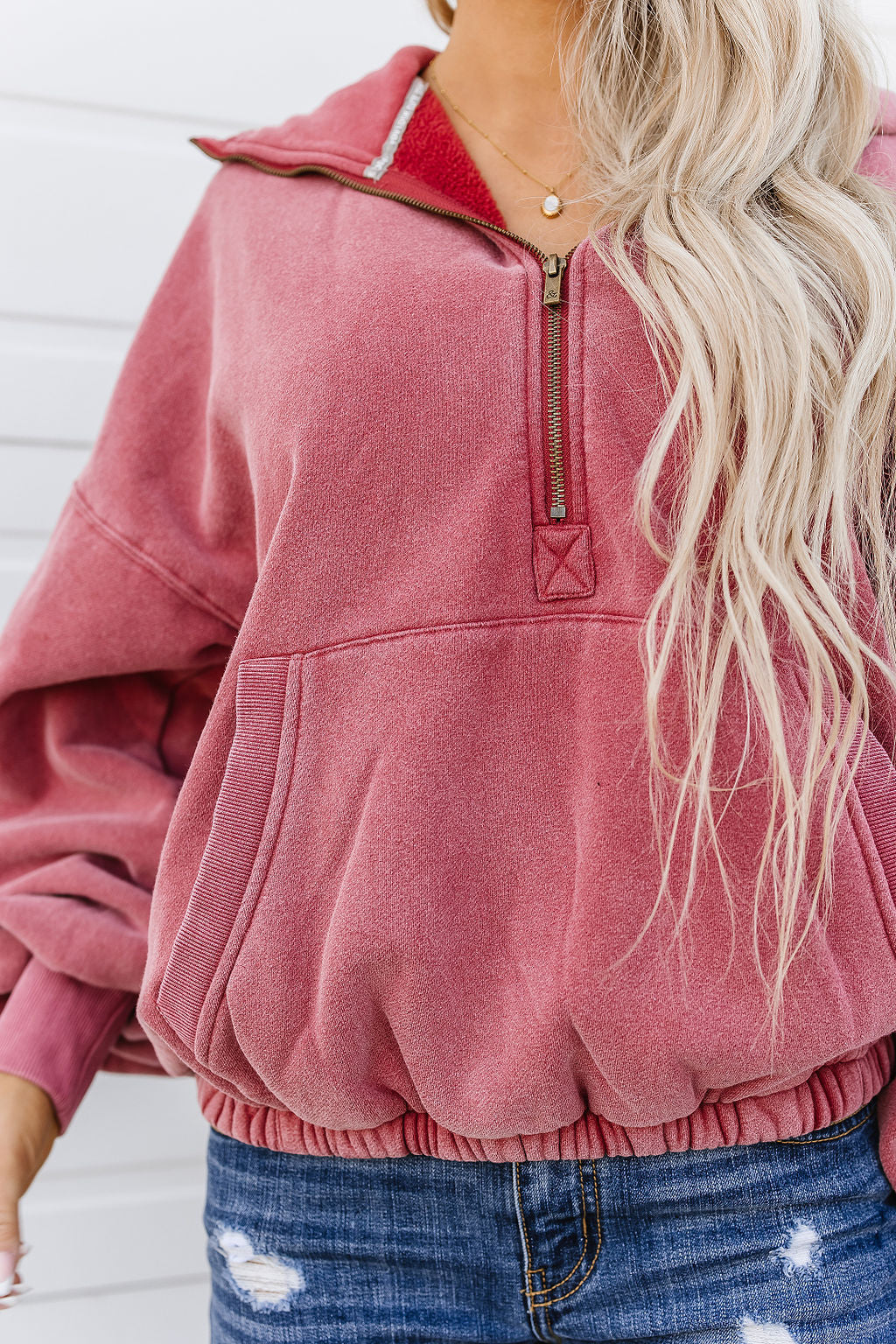 Ampersand Avenue Oversized HalfZip Sweatshirt - Strawberry