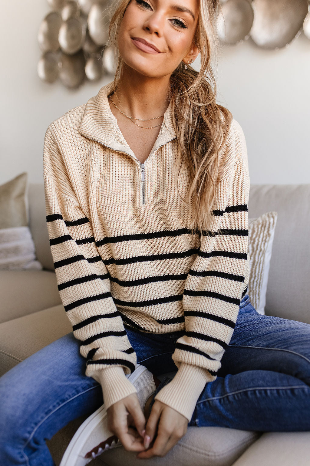 HalfZip Sweater- Cream & Black Stripe