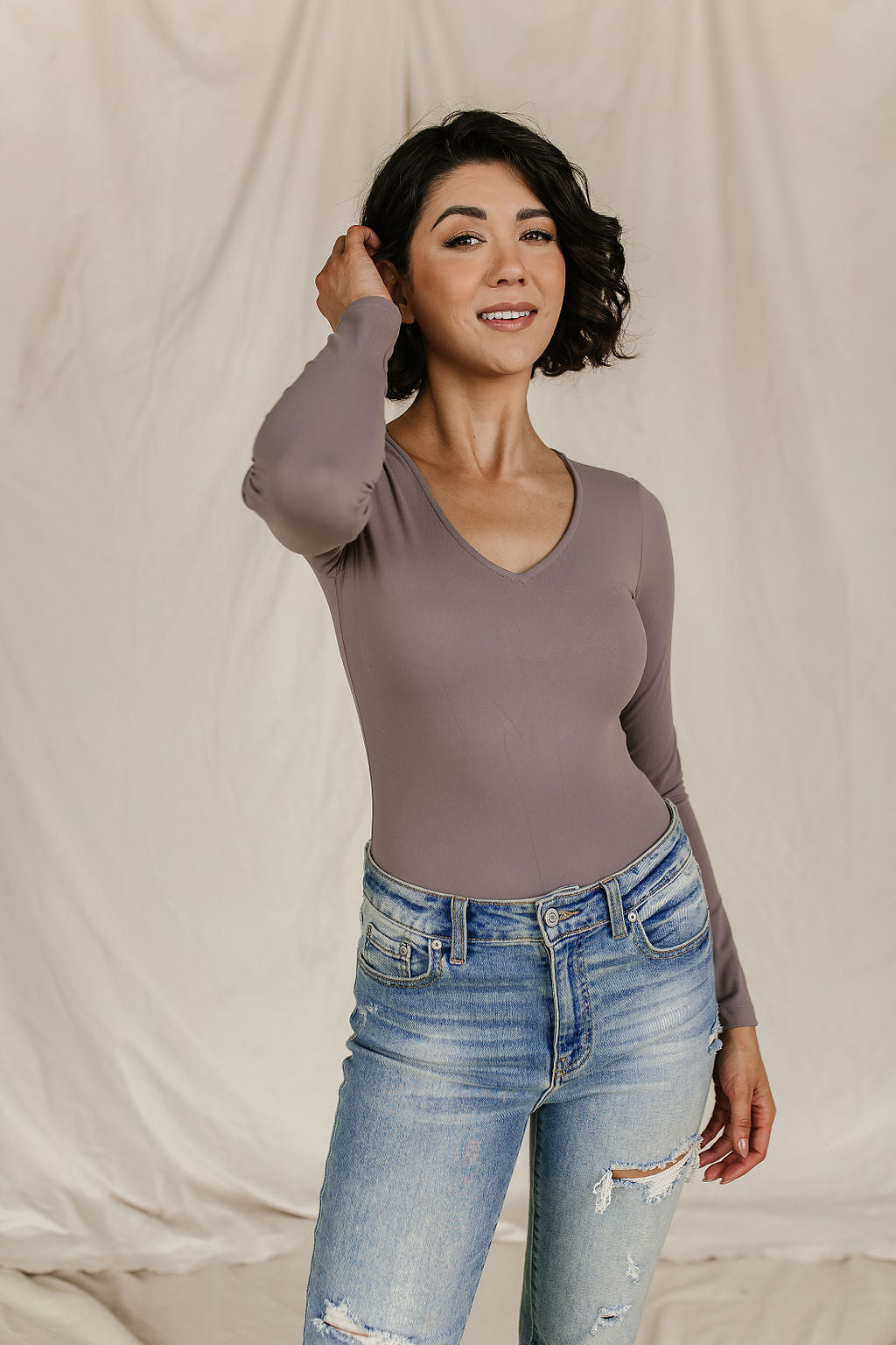 Bodysuit - Long Sleeve V Neck - Charcoal