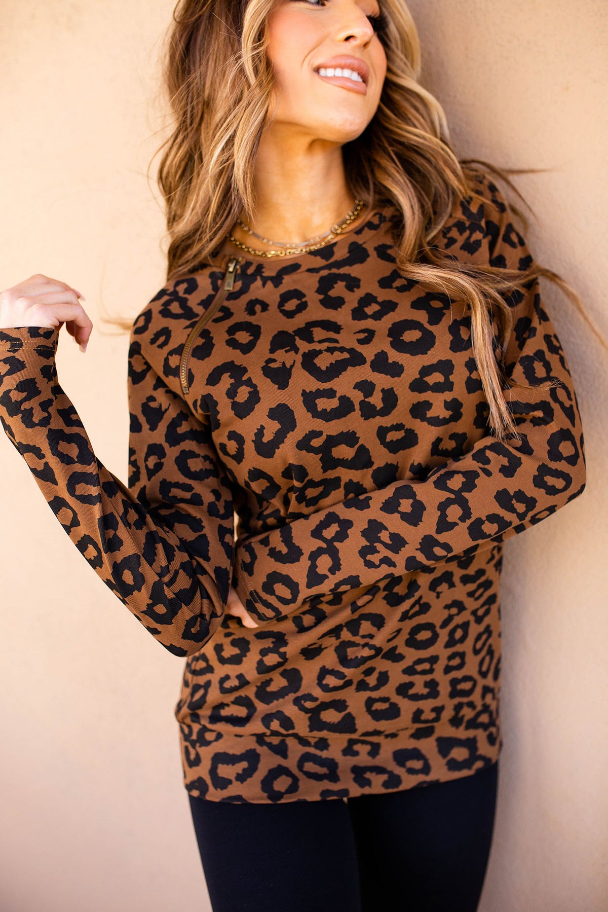 Pullover Sweatshirt - Rust Leopard SideZip