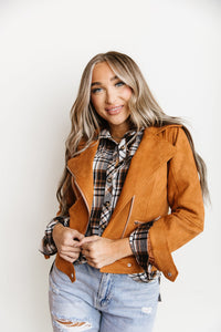 Vegan Suede Leather Moto Jacket- Camel