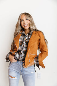 Vegan Suede Leather Moto Jacket- Camel