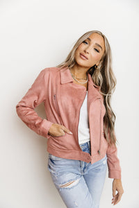 Vegan Suede Leather Moto Jacket- Pink